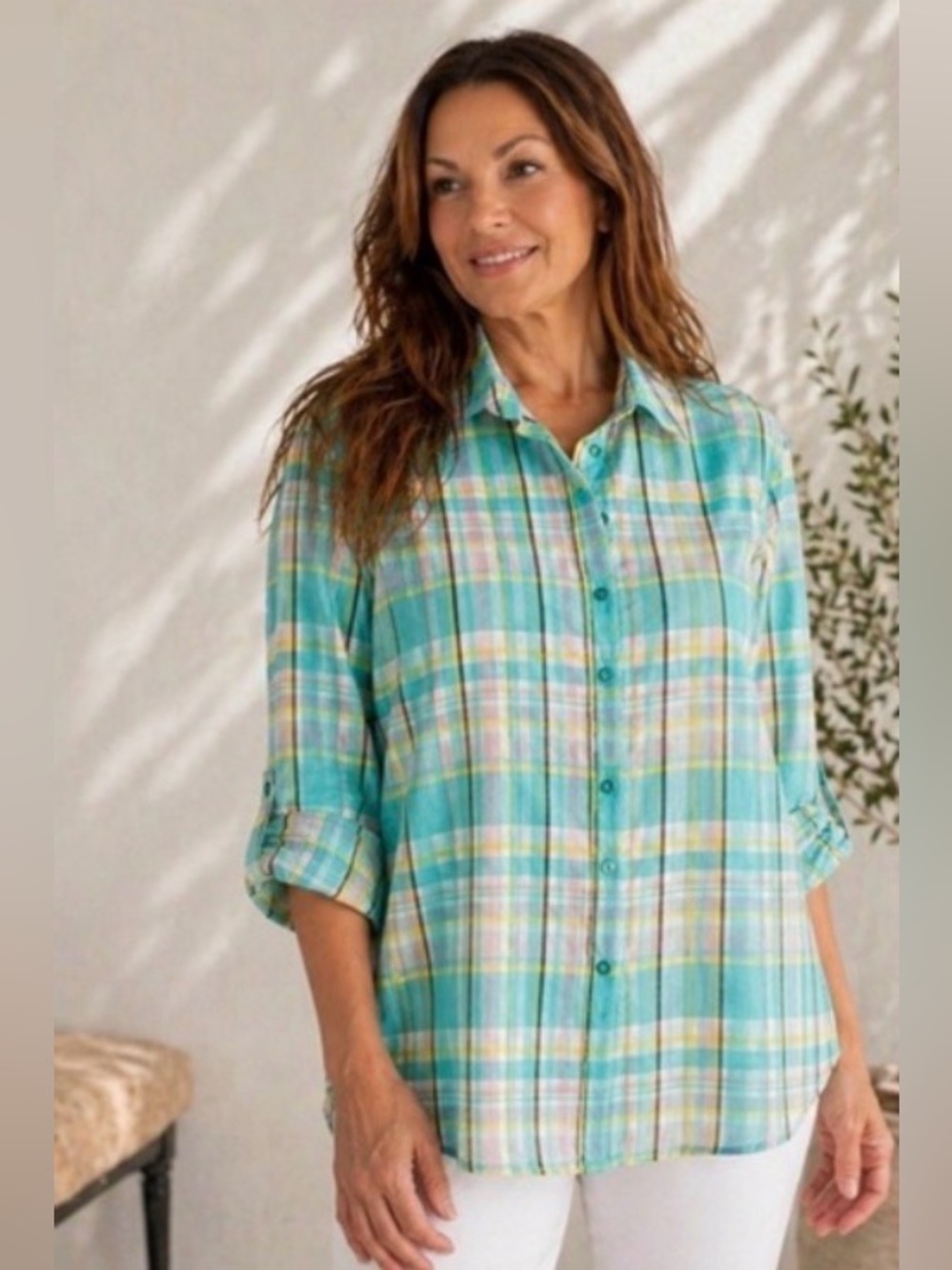 Alia Aqua Multi Plaid Button-Down Shirt